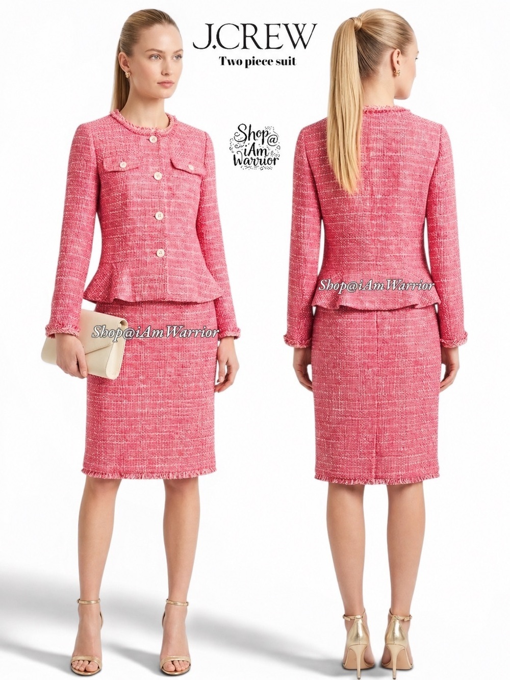 J.Crew 2PC pink peplum tweed jacket + matching pencil skirt *shop@iamwarrior